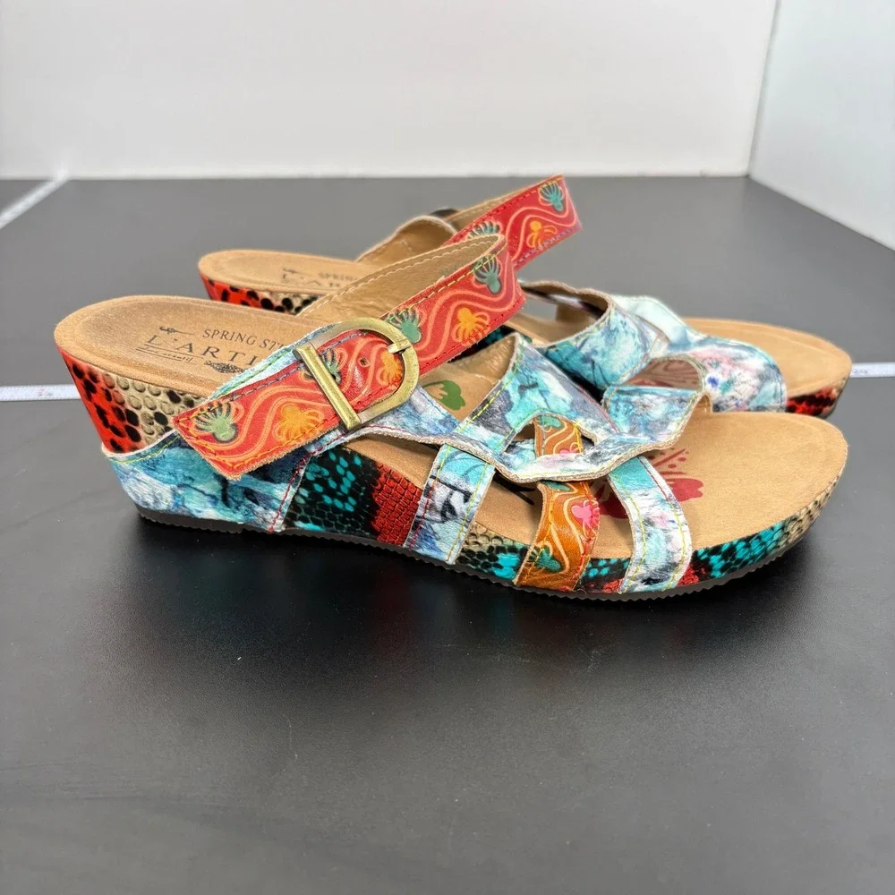 Spring Step L'Artiste Womens Wedge Sandals 38 (7.5) Baocire Leather Hand Painted